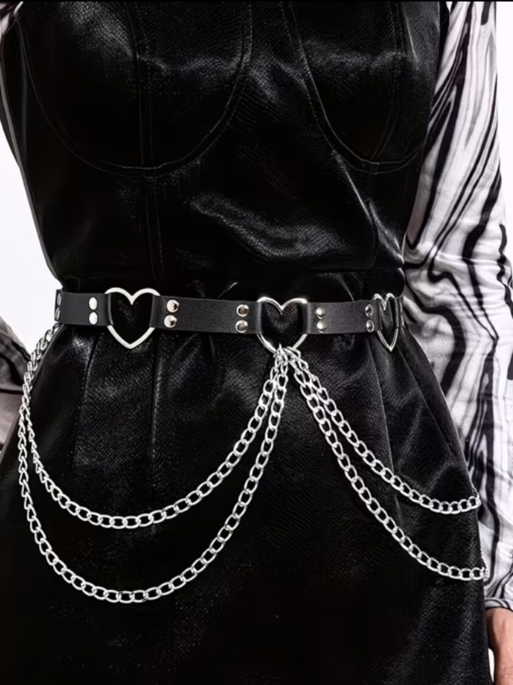 Black Heart Chain Belt Gothic Punk Y2K Waist Belt Studs & Layered Chains Adjust
